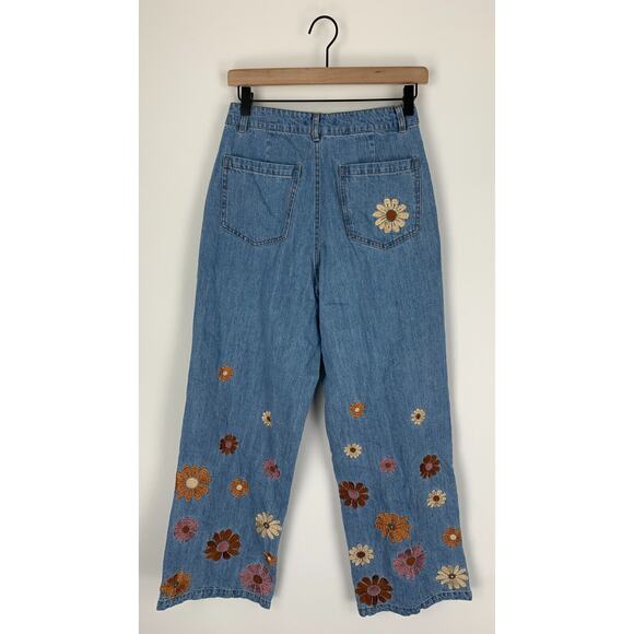 Princess Highway Womens Floral Embroidered Blue Denim Lindy Jeans AU 8 US Size 4 - Picture 3 of 10